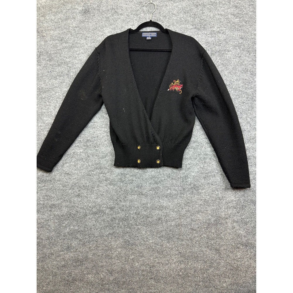 Herman‎ Geist Black Knit Wrap Cardigan with Fox Embroidery & Gold Buttons